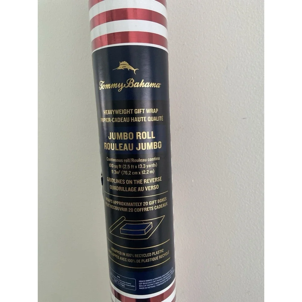 New Tommy Bahama Heavyweight Jumbo Christmas Red White Stripe Wrapping Paper Rol